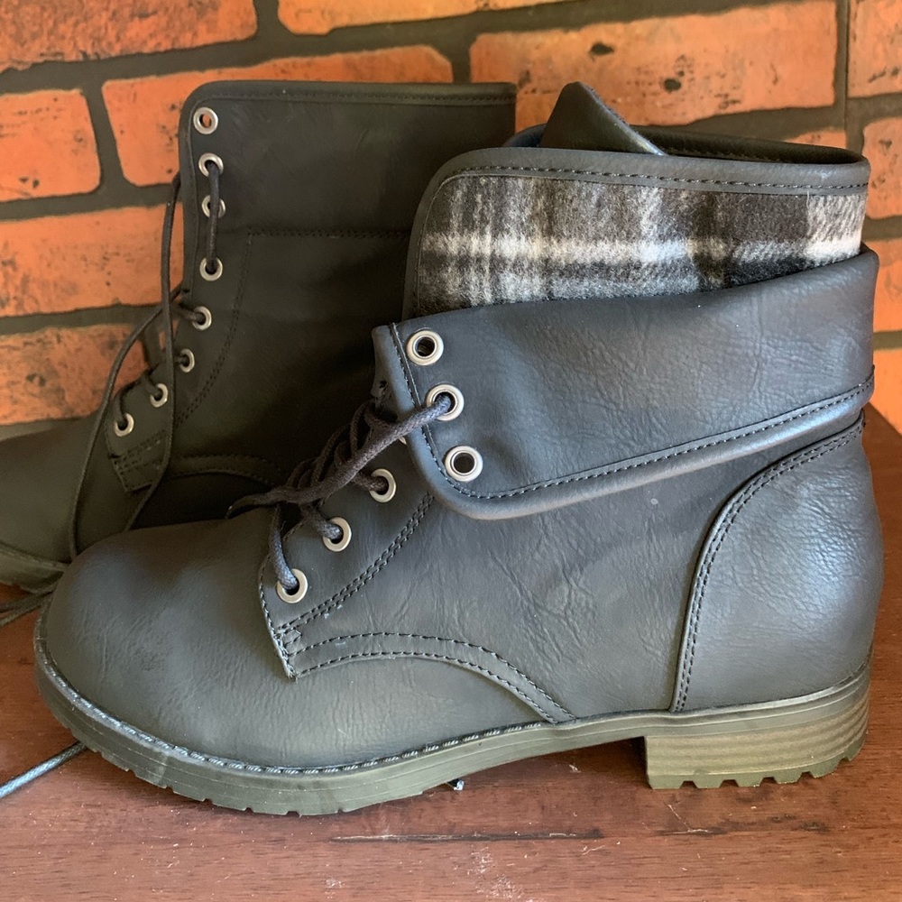 Black faux suede foldover sweater combat boots